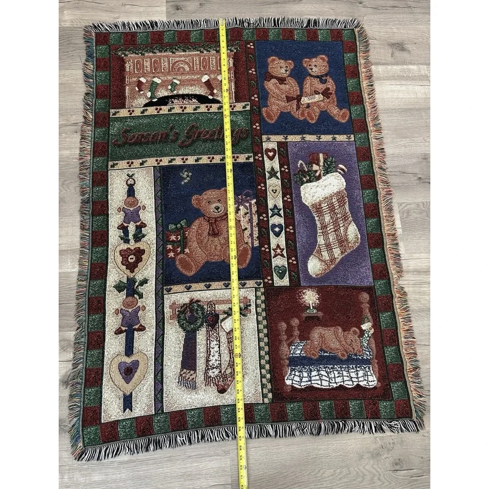 Vintage Christmas Tapestry Throw Teddy Bear Patchwork Theme Grandmacore READ